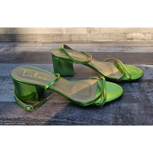 Lulus Shoes - LULUS GREEN Metalic Leather Shiny Strappy Chunky Heels Shoes Women's size 8.5